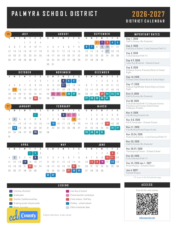 PALMYRA SCHOOL DISTRICT printable 2026-27 calendar