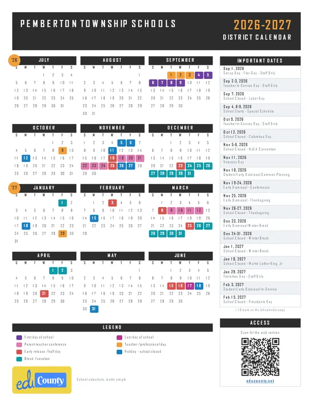 Pemberton Township Schools printable 2026-27 calendar