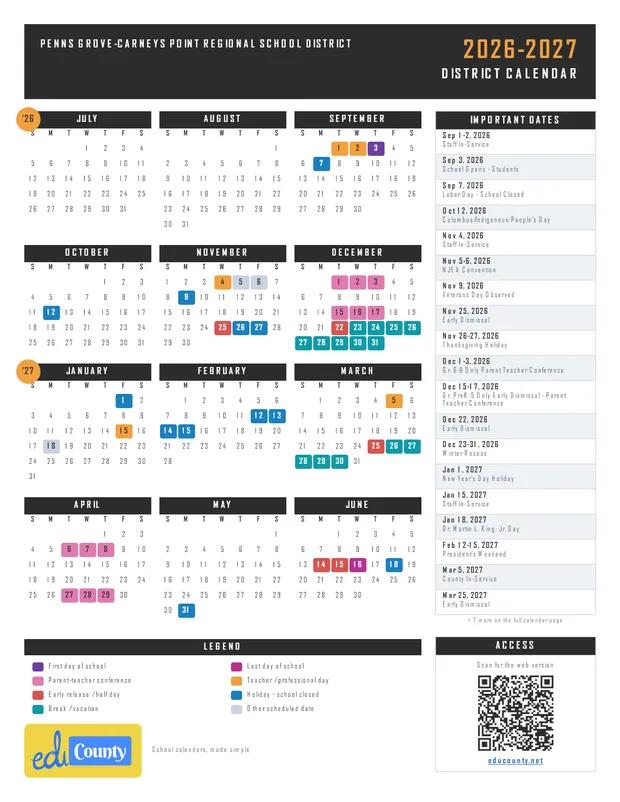PENNS GROVE-CARNEYS POINT REGIONAL SCHOOL DISTRICT printable 2026-27 calendar
