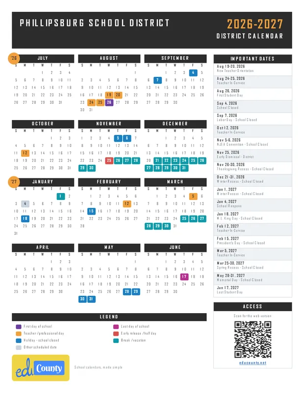 Phillipsburg School District printable 2026-27 calendar