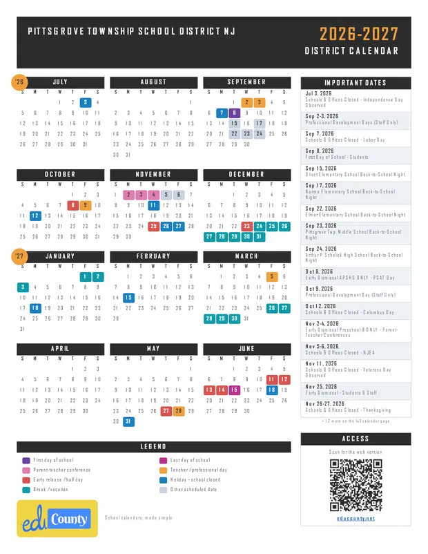 Pittsgrove Township School District printable 2026-27 calendar