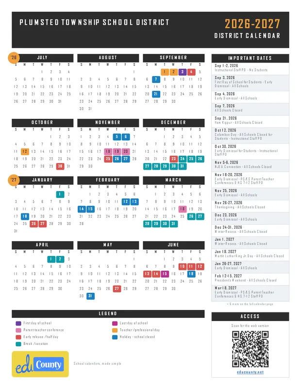Plumsted Township School District printable 2026-27 calendar