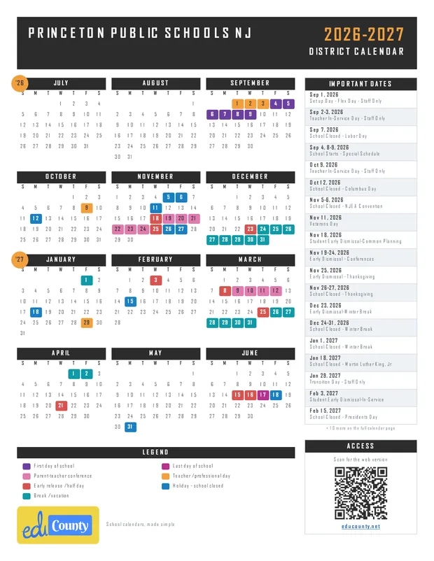 Princeton Public Schools printable 2026-27 calendar