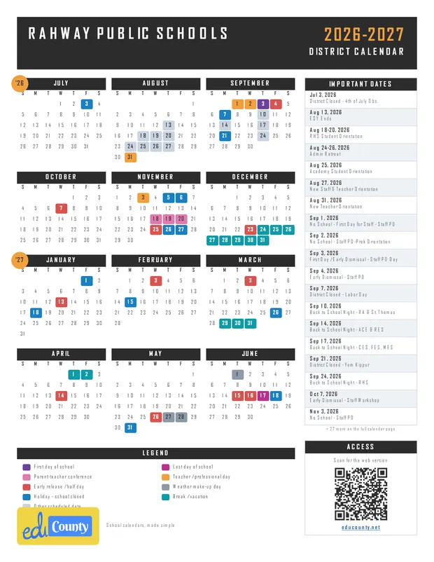 Rahway Public Schools printable 2026-27 calendar