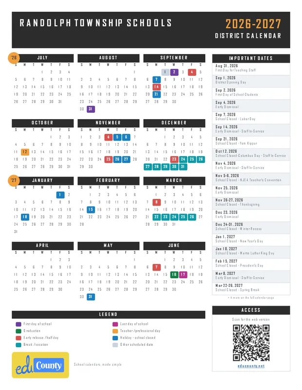 RANDOLPH TOWNSHIP SCHOOLS printable 2026-27 calendar