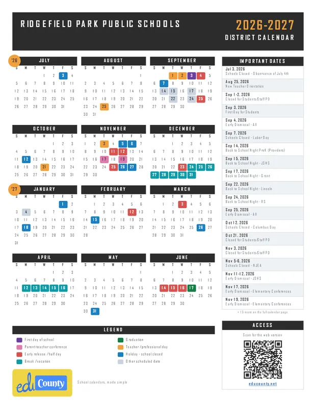Ridgefield Park Public Schools printable 2026-27 calendar