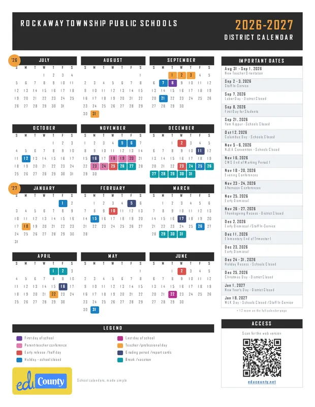 Rockaway Township Public Schools printable 2026-27 calendar