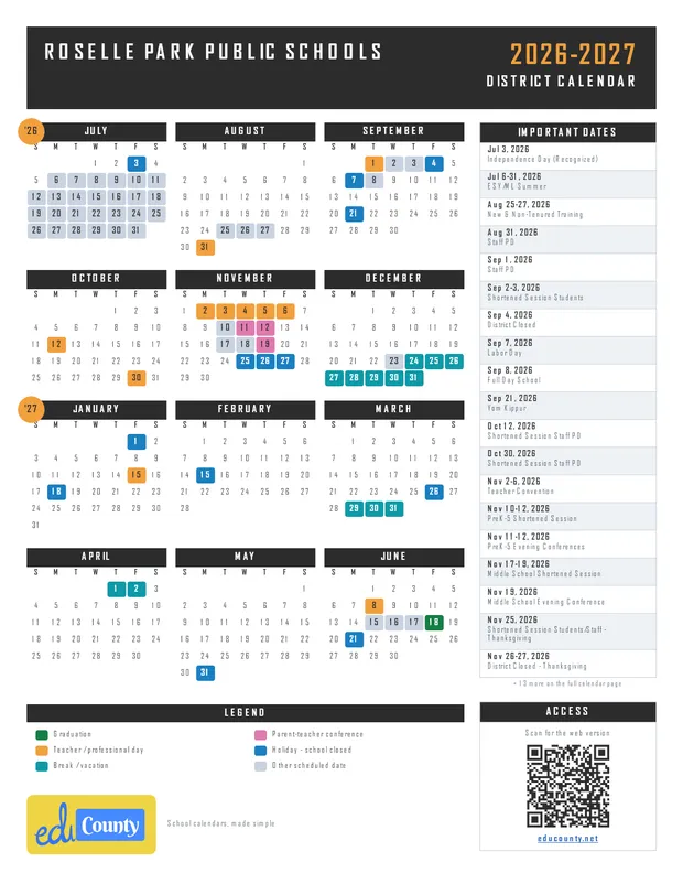 Roselle Park Public Schools printable 2026-27 calendar