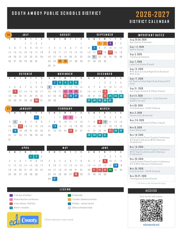 SOUTH AMBOY PUBLIC SCHOOLS DISTRICT printable 2026-27 calendar