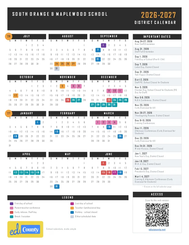 South Orange & Maplewood School printable 2026-27 calendar