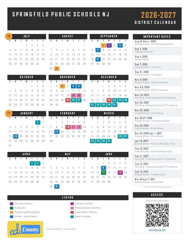 Springfield Public Schools printable 2026-27 calendar