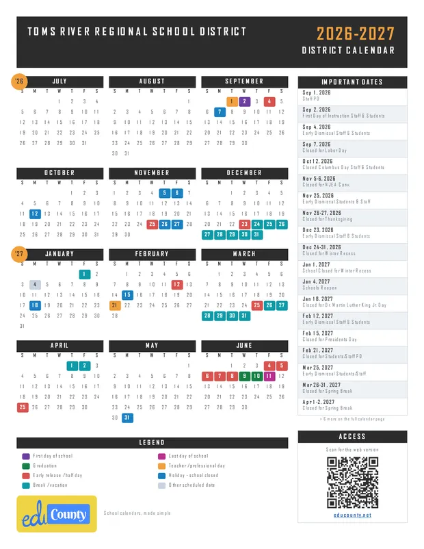 Toms River Regional School District printable 2026-27 calendar