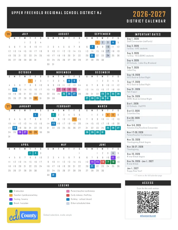 Upper Freehold Regional School District printable 2026-27 calendar