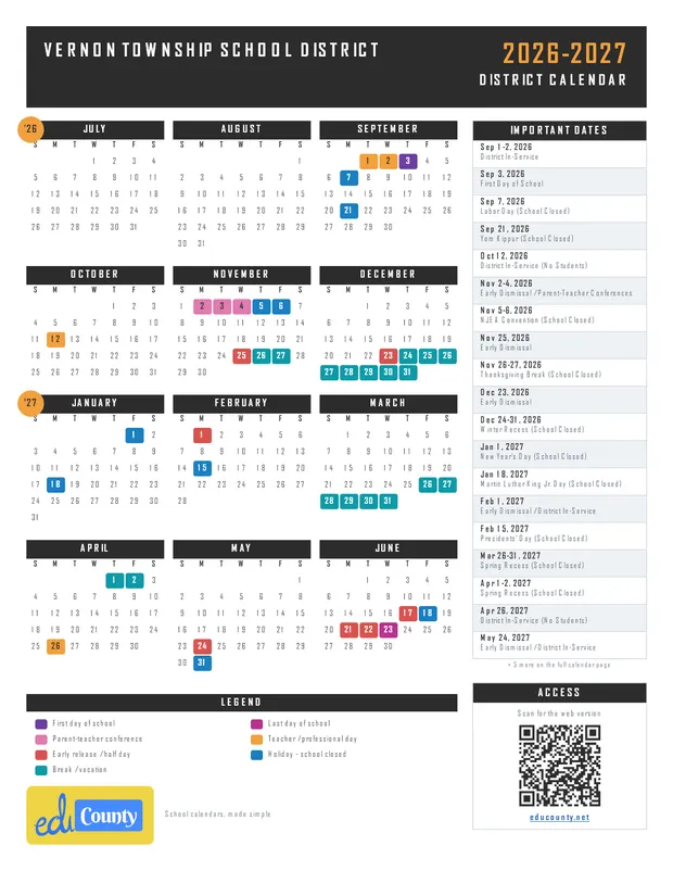 Vernon Township School District printable 2026-27 calendar