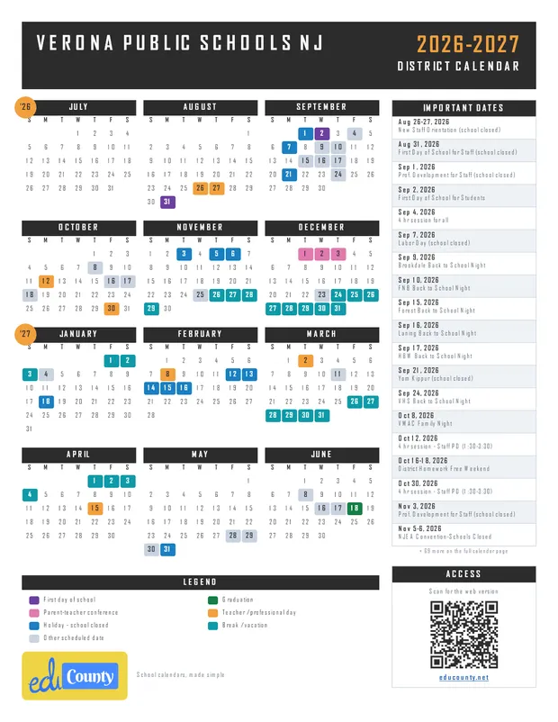 Verona Public Schools printable 2026-27 calendar