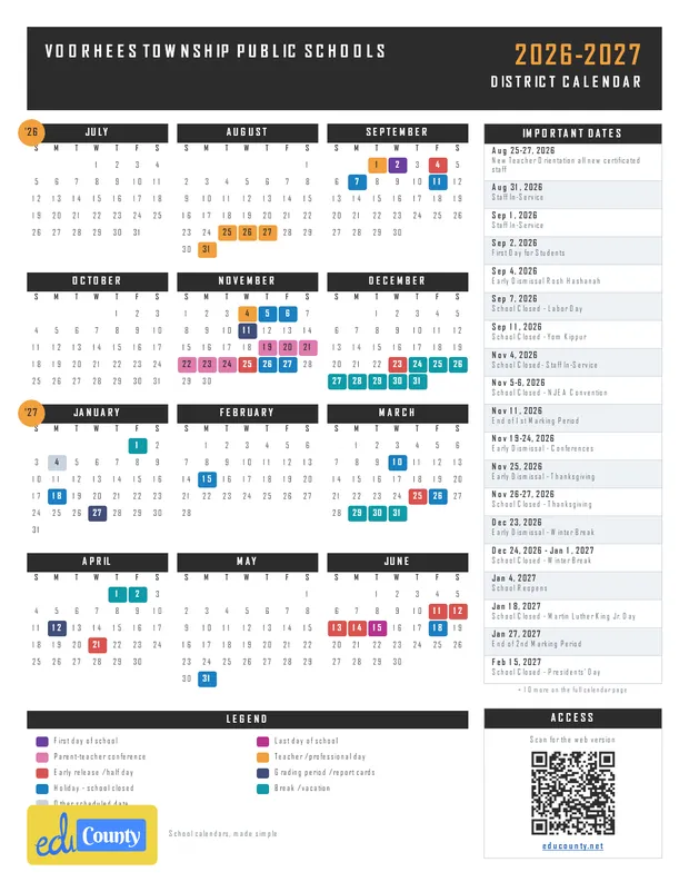 Voorhees Township Public Schools printable 2026-27 calendar