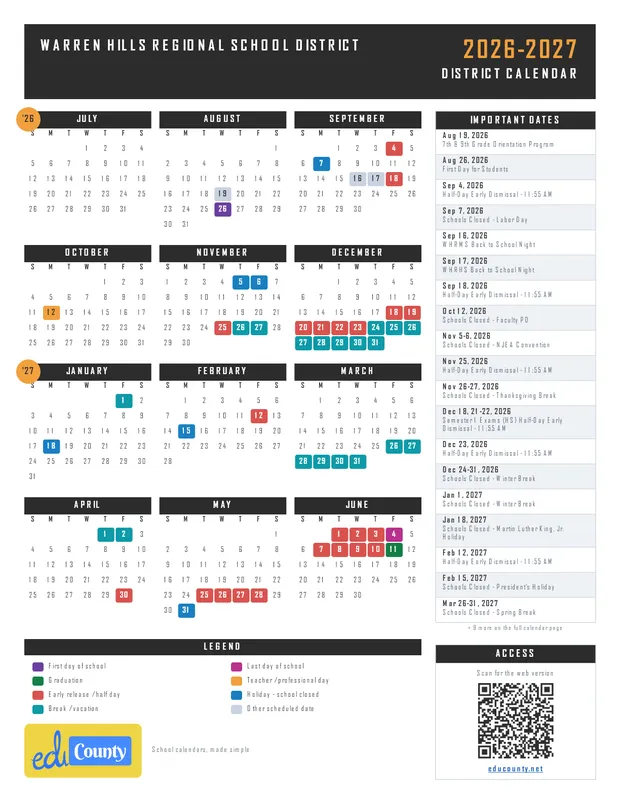 Warren Hills Regional School District printable 2026-27 calendar