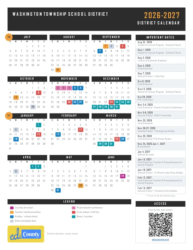 Washington Township School District printable 2026-27 calendar