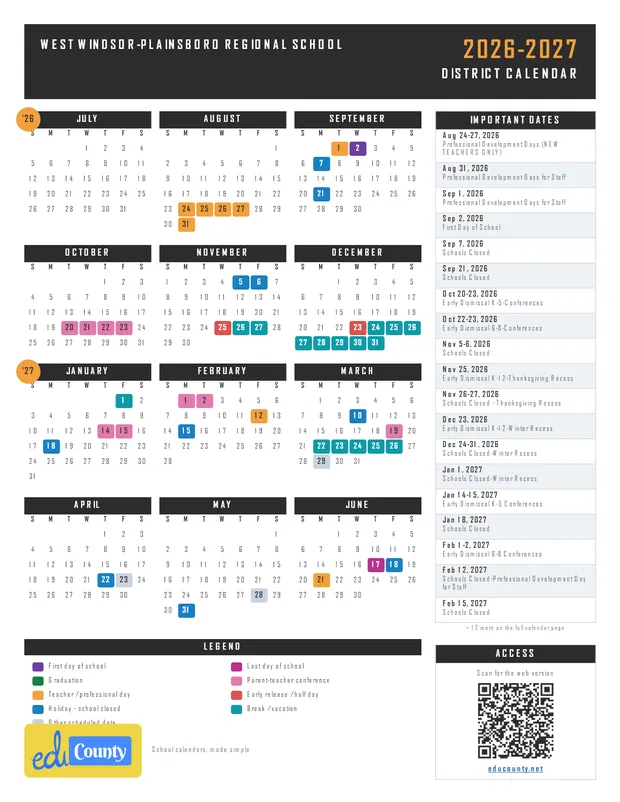 West Windsor-Plainsboro Regional School printable 2026-27 calendar