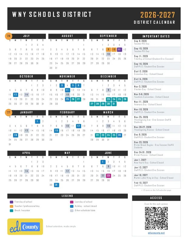 WNY Schools District printable 2026-27 calendar
