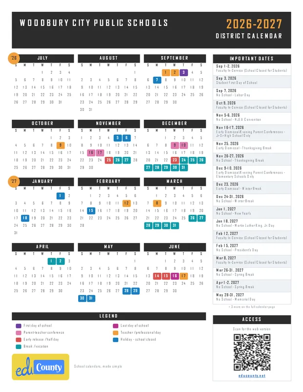 Woodbury City Public Schools printable 2026-27 calendar