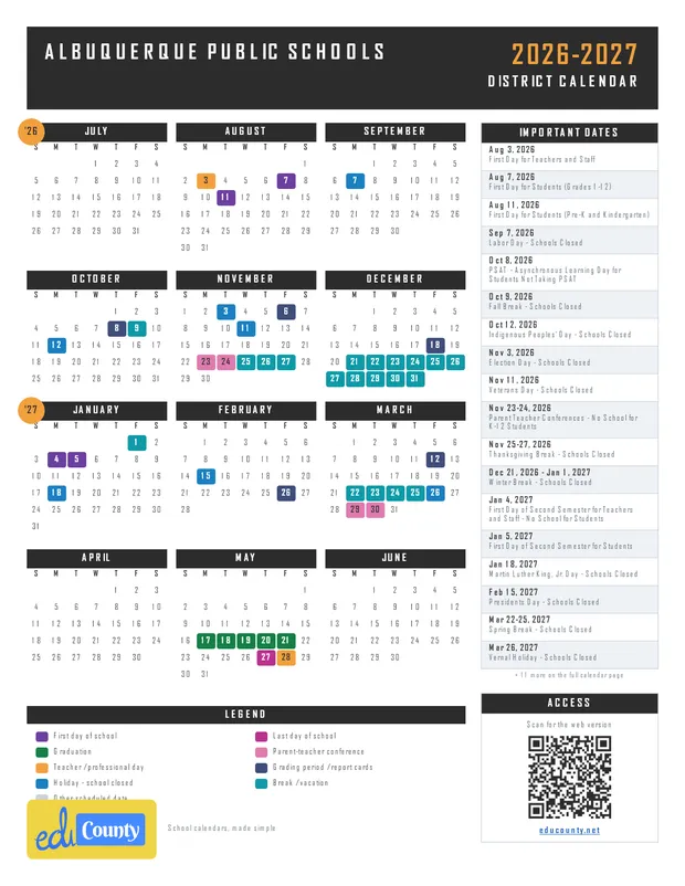 Albuquerque Public Schools printable 2026-27 calendar