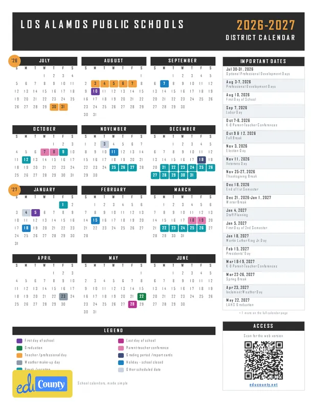 Los Alamos Public Schools printable 2026-27 calendar