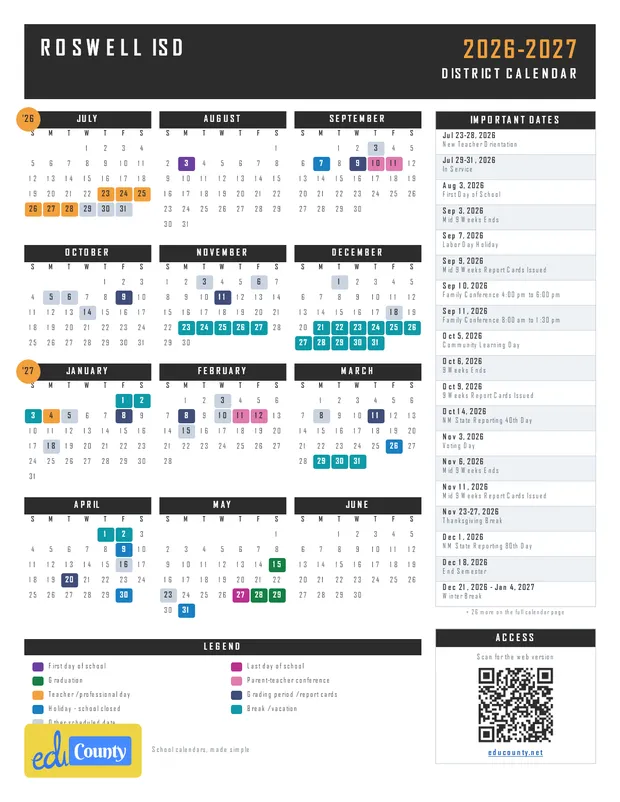 Roswell Independent School District ISD printable 2026-27 calendar
