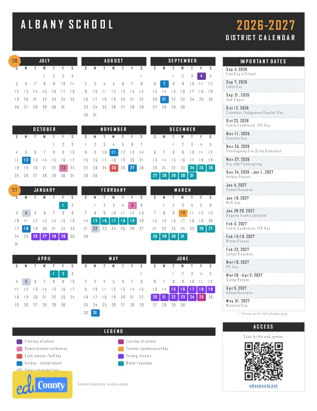 Albany School printable 2026-27 calendar