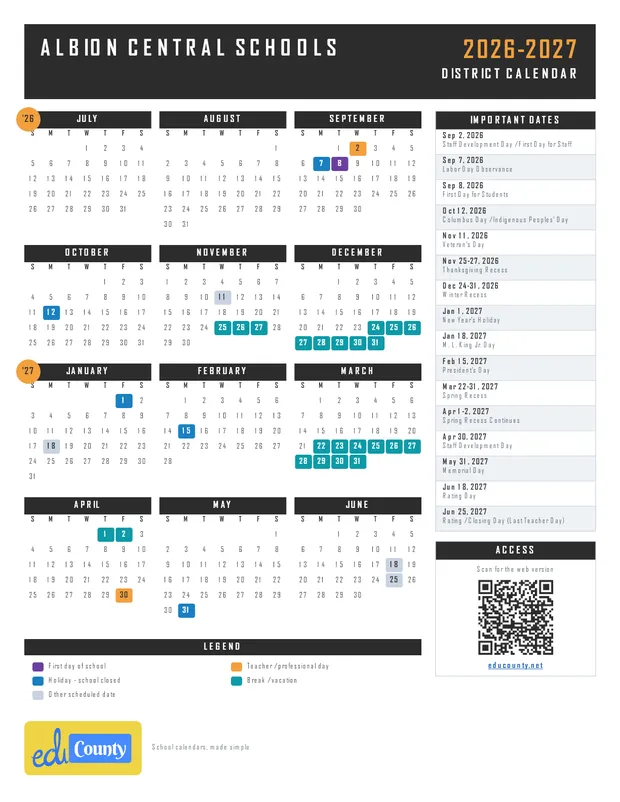 Albion Central Schools printable 2026-27 calendar