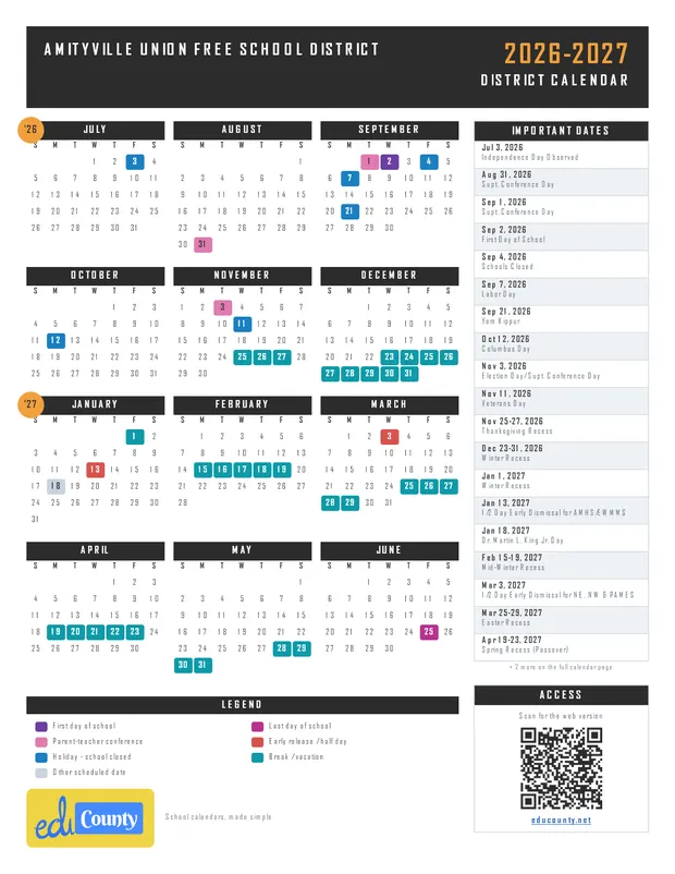 AMITYVILLE UNION FREE SCHOOL DISTRICT printable 2026-27 calendar