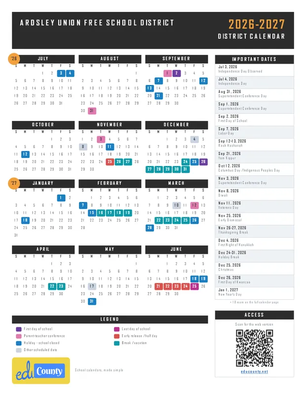 Ardsley Union Free School District printable 2026-27 calendar
