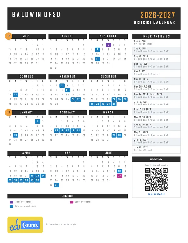 Baldwin UFSD printable 2026-27 calendar
