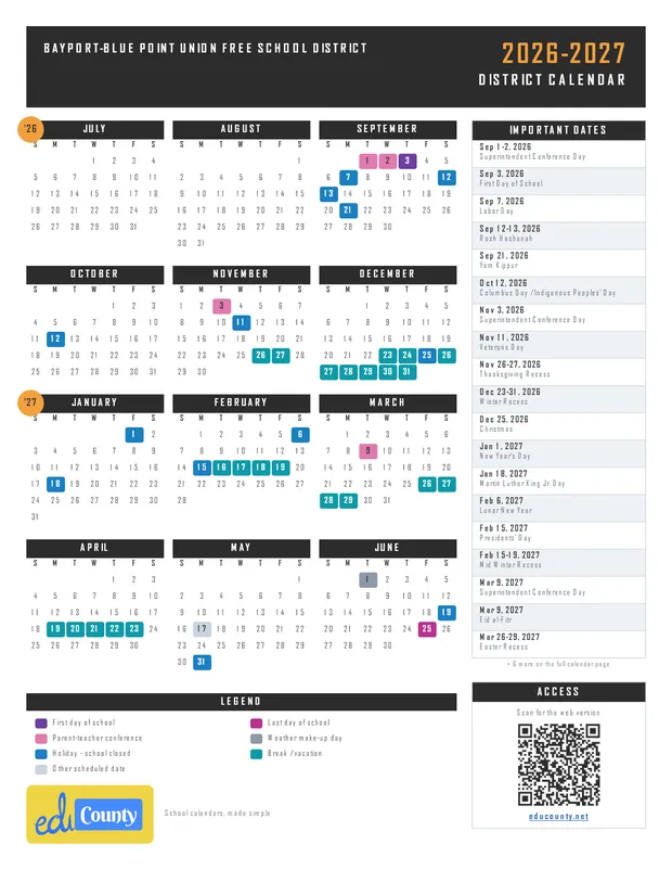 Bayport-Blue Point Union Free School District printable 2026-27 calendar