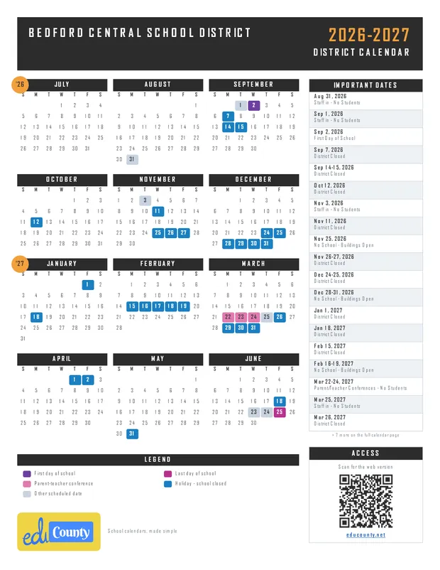 BEDFORD CENTRAL SCHOOL DISTRICT printable 2026-27 calendar