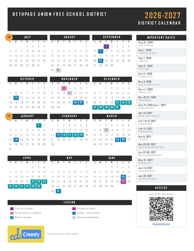 Bethpage Union Free School District printable 2026-27 calendar