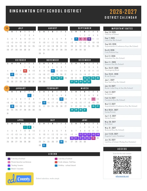Binghamton City School District printable 2026-27 calendar