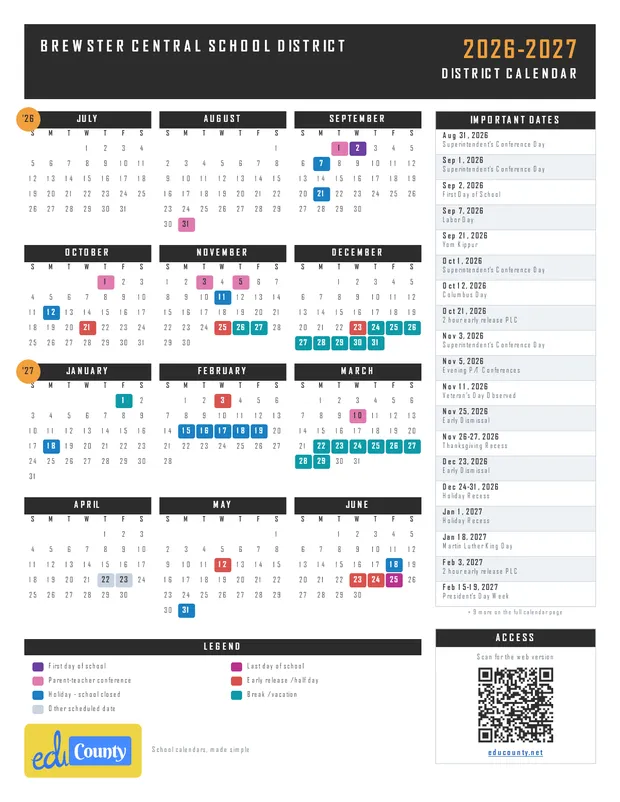 Brewster Central School District printable 2026-27 calendar