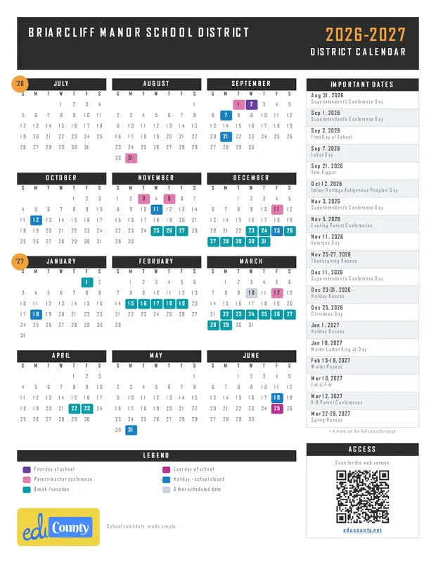 Briarcliff Manor School District printable 2026-27 calendar