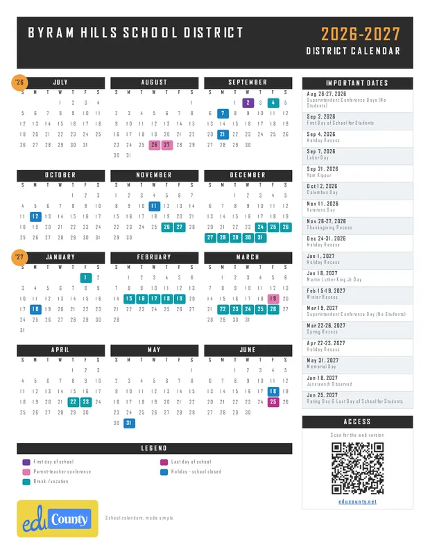 Byram Hills School District printable 2026-27 calendar
