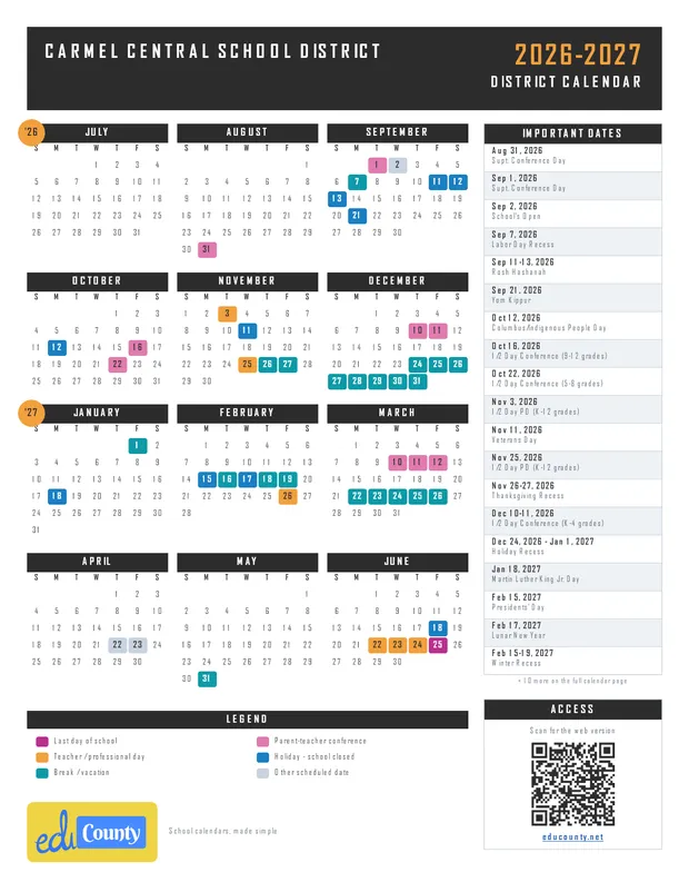 Carmel Central School District printable 2026-27 calendar
