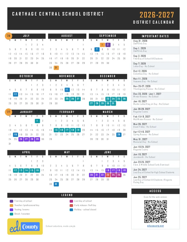 Carthage Central School District printable 2026-27 calendar
