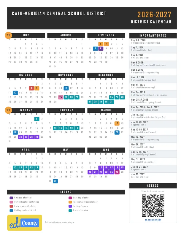 Cato-Meridian Central School District printable 2026-27 calendar
