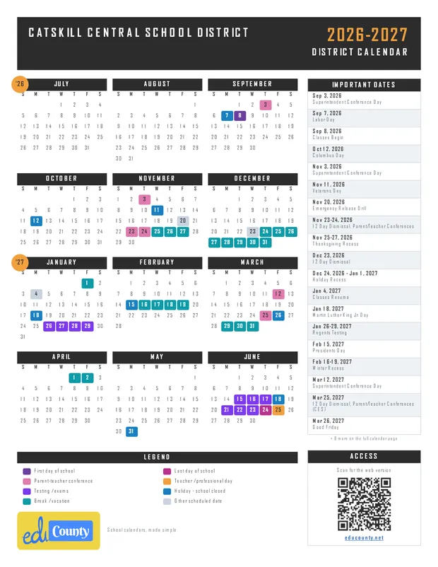 Catskill Central School District printable 2026-27 calendar