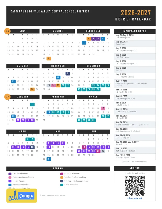 Cattaraugus-Little Valley Central School District printable 2026-27 calendar