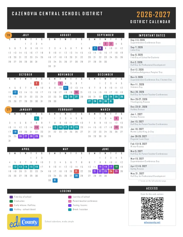 Cazenovia Central School District printable 2026-27 calendar