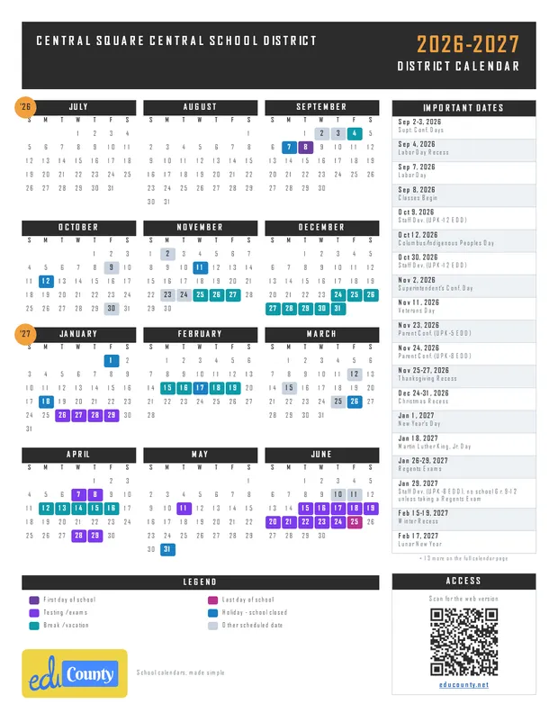 Central Square Central School District printable 2026-27 calendar