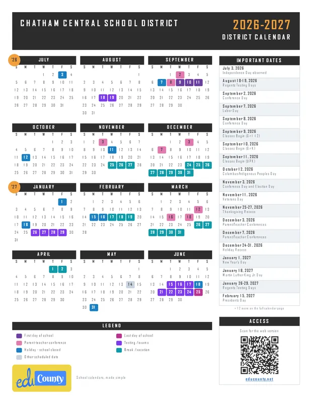 Chatham Central School District printable 2026-27 calendar