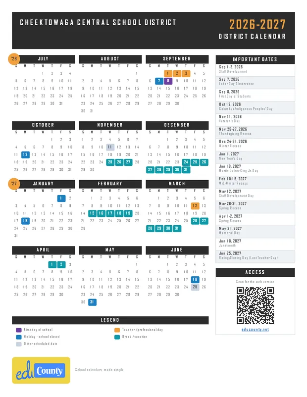 Cheektowaga Central School District printable 2026-27 calendar