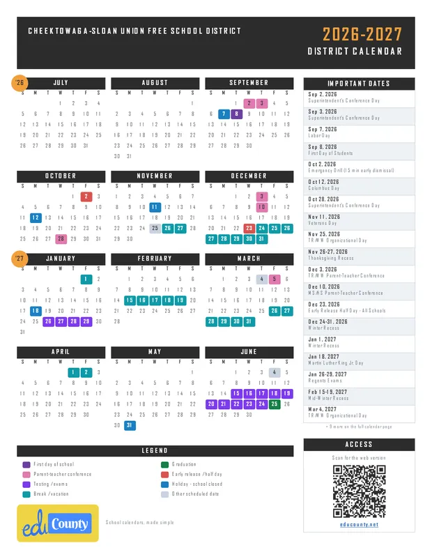 Cheektowaga-Sloan Union Free School District printable 2026-27 calendar